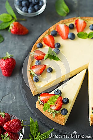 Classic homemade New York Cheesecake with fresh berry fruits Stock Photo