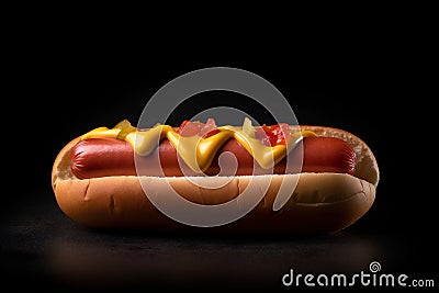 Classic hot hotdog with ketchup mustard and relish on black background. AI generated. Stock Photo