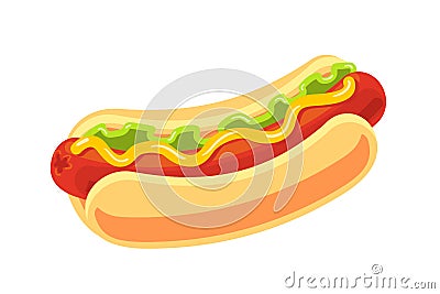 Classic hotdog isolated on white background. Fast food vector object. Big Hot dog cartoon illustration. Takeaway food Vector Illustration