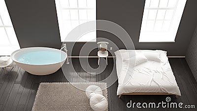 Classic industrial modern bedroom with big windows, brick wall, parquet floor and bathtub, white and gray architecture interior de Stock Photo
