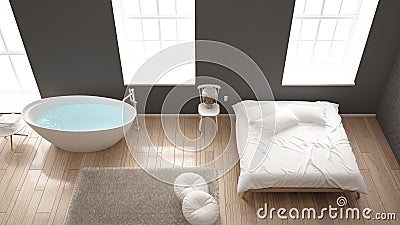 Classic industrial modern bedroom with big windows, brick wall, parquet floor and bathtub, white and gray architecture interior de Stock Photo