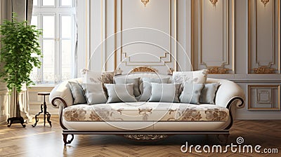 Elegant Living Room With Classical Couch And Ottoman Stock Photo