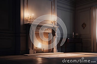 Classic interior of living room with fireplace with candelabrums on its shelf Stock Photo