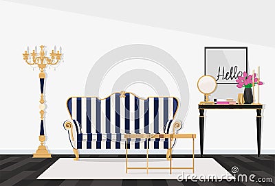 Classic interior of a living room with a striped sofa. Vector illustration. Vector Illustration
