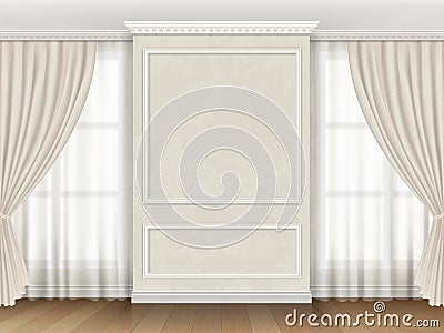 Classic interior with panel moldings and windows curtains Vector Illustration