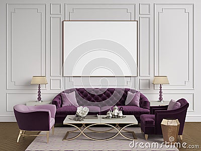 Classic interior in purple,pink and goldcolors.Sofa,chairs,sidetables with lamps,table with decor.White color walls with moulding Stock Photo