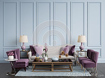 Classic interior.Sofa,chairs,sidetables with lamps,table with decor. Stock Photo