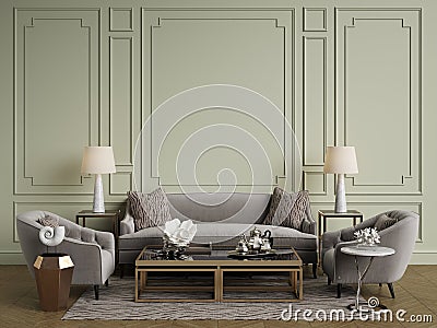 Classic interior.Sofa,chairs,sidetables with lamps,table with decor Stock Photo