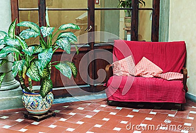 Classic interior with vintage couch and potted plant Stock Photo