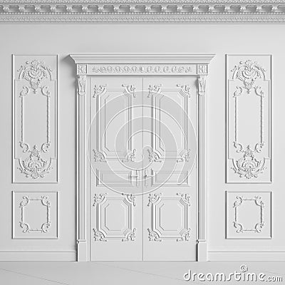 Classic interior wall with cornice and moldings.Doors with decor Cartoon Illustration