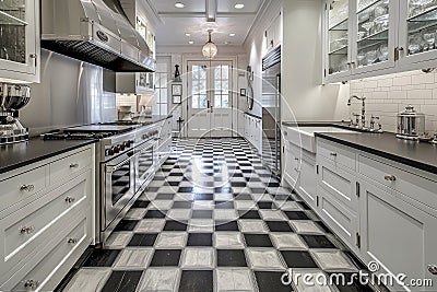classic kitchen with sleek appliances, marble countertops, and vintage tile flooring Stock Photo