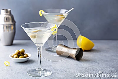 Classic lemon drop martini with olives and lemon Stock Photo