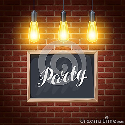 Classic light bulbs on rustic brick wall with board Vector Illustration