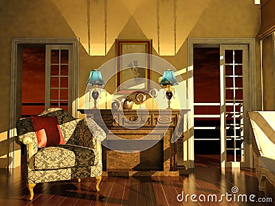 Classic living room interior in dusk light Stock Photo