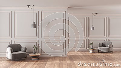 Classic living room, waiting and sitting space with armchairs, parquet floor and molded walls in white tones. Symmetry concept, Stock Photo