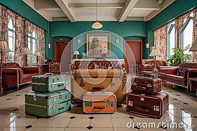 classic luggage set displayed in retro hotel lobby Stock Photo