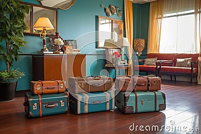 classic luggage set displayed in retro hotel lobby Stock Photo