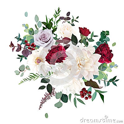 Classic luxurious red and mauve purple rose, white peony, beige dahlia, burgundy astilbe Vector Illustration