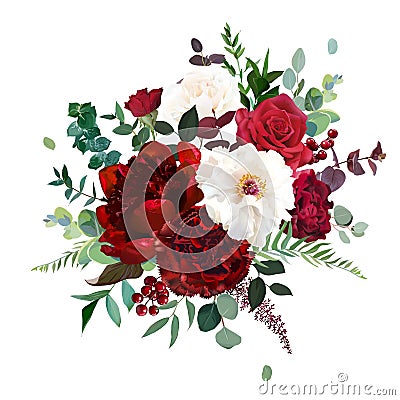 Classic luxurious red rose, carnation, white peony, berry, burgundy astilbe, emerald eucalyptus Vector Illustration