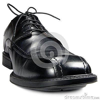 Classic men`s black club shoe, isolated detailed wide angle macro closeup, large detail Stock Photo
