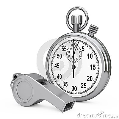 Classic Metal Coaches Whistle near Chrome Stopwatch. 3d Rendering Stock Photo