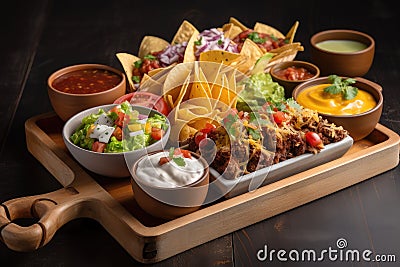 classic mexican snack tray with a variety of tacos, burritos, and nachos Stock Photo