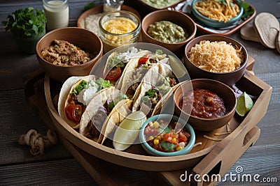 classic mexican snack tray with a variety of tacos, burritos, and nachos Stock Photo