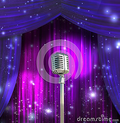 Classic Microphone with Colorful Curtains Stock Photo