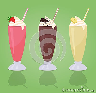 Classic Milkshakes with Cream in Glass - Strawberry - Chocolate - Banana Vector Illustration