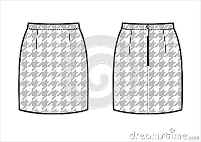 Classic mini pencil skirt with houndstooth pattern. Back and front. Technical flat sketch. Vector Illustration
