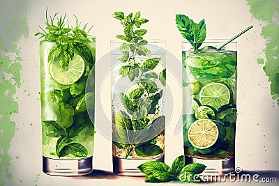 classic mojito, virgin mojito, and classic rum, lime, and mint cocktail Stock Photo
