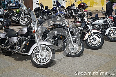 Classic motorcycles parked on the motorcycles parking lot. Honda Shadow in foreground Editorial Stock Photo