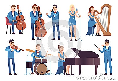 Classic musicians. Singers performing, symphony concert with orchestra instruments cello, piano and clarinet vector Vector Illustration