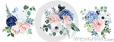 Classic navy blue, white, blush pink rose, hydrangea, ranunculus, dahlia Vector Illustration