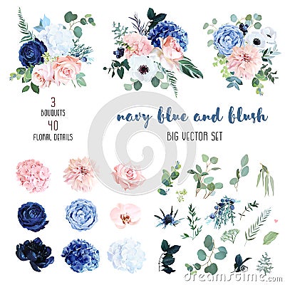 Classic navy blue, white, blush pink rose, hydrangea, ranunculus, orchid Vector Illustration