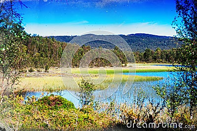 Classic Norway lake landscape background Stock Photo