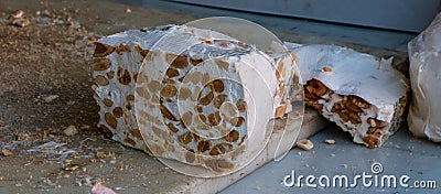 classic nougat with hazelnut almonds and honey Stock Photo