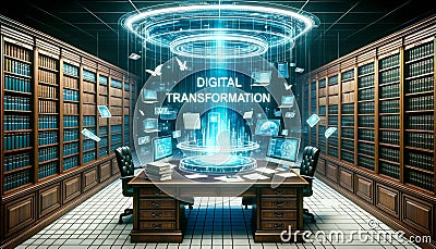 Classic office environment morphing into a futuristic digital workspace. Traditional files and papers transform into holographic Stock Photo