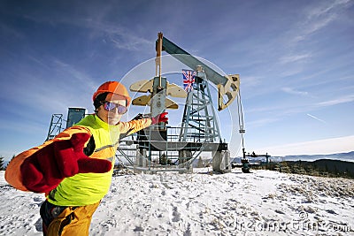 Classic oil pump in the mountains, UK flag, Great Britain Stock Photo