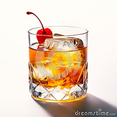 Classic Old Fashioned in a crystal-cut rocks glass isolated on white backdrop Stock Photo
