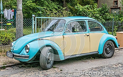 Old vintage light blue VW Beetle 1300 ccm parked Editorial Stock Photo