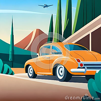 Classic Orange Car Sitting on the Outskirts of Town Stock Photo