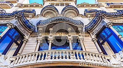 Ornate Blue Trim on Spanish Architecture Stock Photo