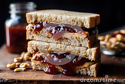 Classic peanut butter and jelly sandwich, with the rich, creamy peanut butter perfectly paired with a sweet, fruity jam or jelly. Stock Photo