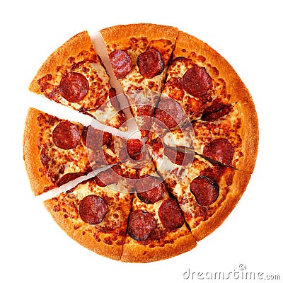 Classic pepperoni pizza with cut slices isolated on white Stock Photo