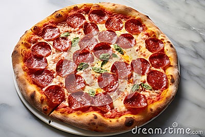 A classic pepperoni pizza on a marble counter, succulent toppings and soft, subtle shadows Stock Photo