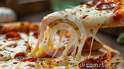 Classic Pepperoni Pizza with Stretchy Melted Cheese and Basil on Wooden Table Stock Photo