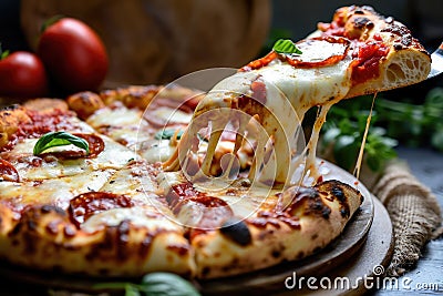 Classic Pepperoni Pizza with Stretchy Melted Cheese and Basil on Wooden Table Stock Photo