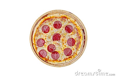 Classic pepperoni pizzai on a wooden stand isolated on a white background. Top view Stock Photo