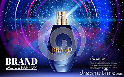 Classic Perfume Contained in Glass Bottle Poster Ads Mock up Blue Blur Shine Glowing Line Black Background. Excellent Vector Illustration